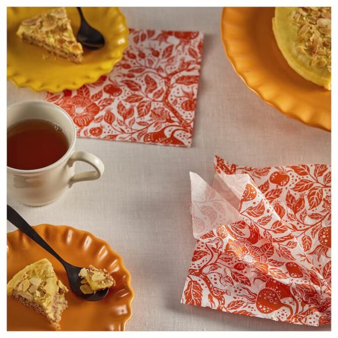 HÖSTAGILLE Paper napkin, floral pattern white/orange, 33x33 cm - Image 2