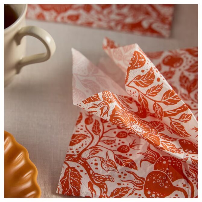 HÖSTAGILLE Paper napkin, floral pattern white/orange, 33x33 cm - Image 3