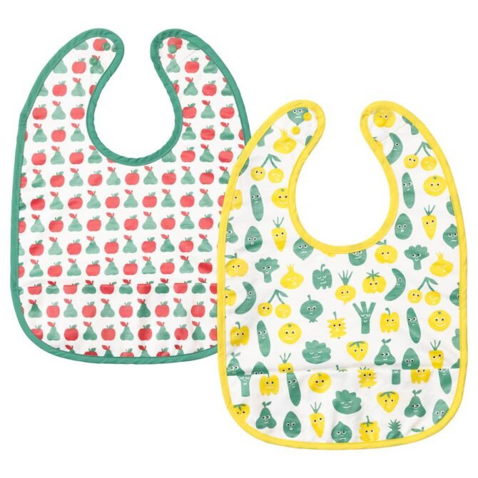 MATVRÅ Bib, fruit/vegetables pattern/green yellow