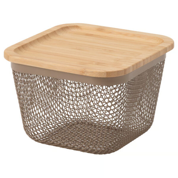 IKEA 365+Food storage basket with lid, square metal/light grey-brown bamboo, 15x15x11 cm