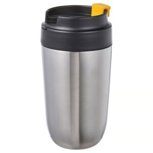 Stainless steel insulated travel mug in black with a yellow lid, 35 cl capacity, perfect for on-the-.