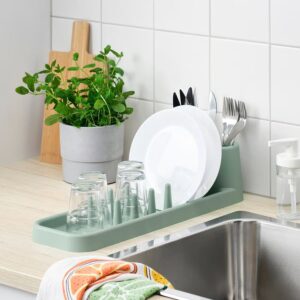 Green plant and dish drying rack on kitchen counter, modern clean kitchen decor.