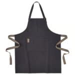 Durable black apron with adjustable straps, large front pocket, ideal for cooking or gardening.