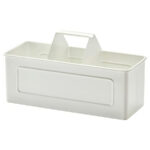 White plastic storage box for kitchen and home organization.