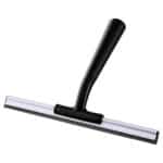 Black squeegee for cleaning surfaces, ideal for home and office window cleaning.