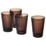Set of four brown and black striped drinking glasses, perfect for home or restaurant use.