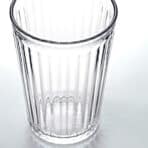 Clear glass tumbler for drinking liquids.