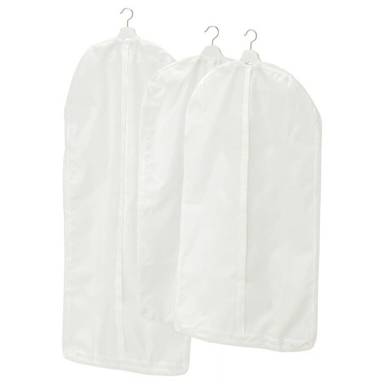 Clear plastic garment covers for clothes protection.
