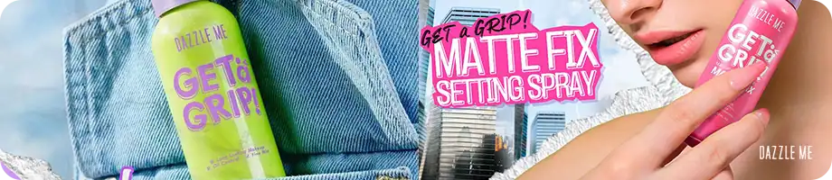Dazzle Me Get to Grip Matte Fix Setting Spray on denim fabric for makeup setting.