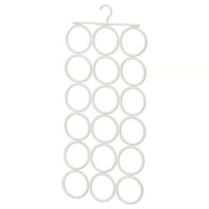 Multi-use white hanger with 16 circular hooks for versatile clothing organization.