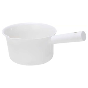 White plastic water scoop for kitchen or household use.