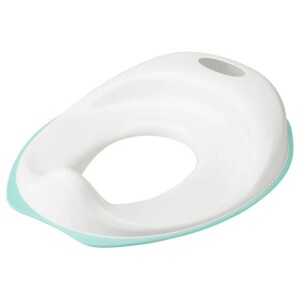 Toilet seat in white and turquoise, designed for comfort and hygiene. Perfect for modern bathrooms.