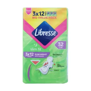 Libresse Slim Fit sanitary pads for women, 32cm, 3x12 pack, with wings, secure fit, and quick absorp.