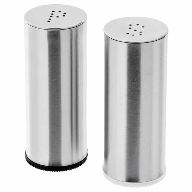 Stainless steel salt and pepper shakers for kitchen, dining, and restaurant use. Durable and sleek design.