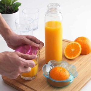 A glass of freshly squeezed orange juice on a clean wooden tray, surrounded by oranges and glassware, perfect for healthy beverages.