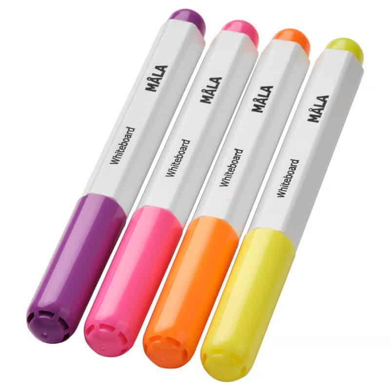 Colorful whiteboard markers with pink, purple, orange, and yellow caps for classroom and office use.