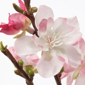 Realistic pink and white silk flower with detailed petals and green stem, ideal for decor and gifting.