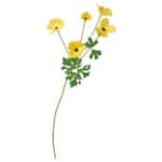 Yellow artificial flower with green leaves for decorative purposes.