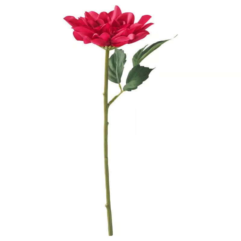 Artificial red flower stem with green leaves, perfect for home decor or DIY projects.
