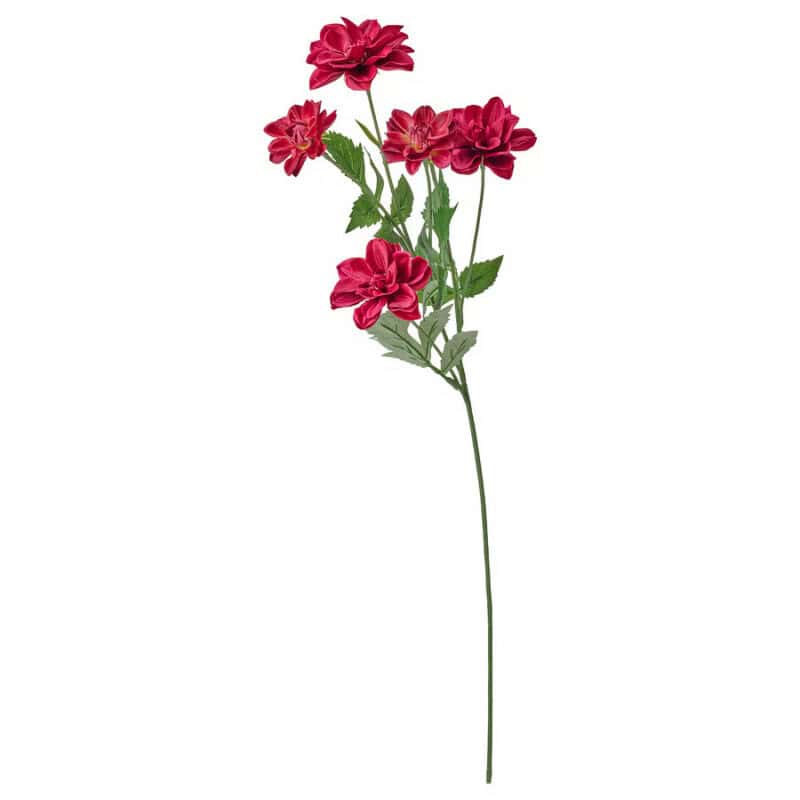 Artificial red flower with green leaves, perfect for home decor and DIY projects.