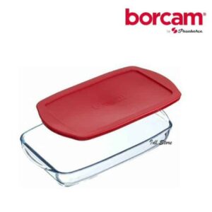Borcam 2L glass casserole with red lid for versatile cooking and storage. Perfect for baking, servin.