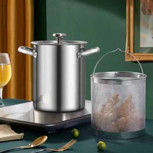 Stainless steel deep fryer with oil strainer, 5L capacity, perfect for home cooking and frying. Dura.