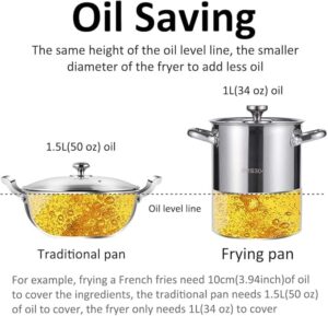 Deep stainless steel deep fryer with oil strainer, 5L capacity for efficient frying and oil saving.
