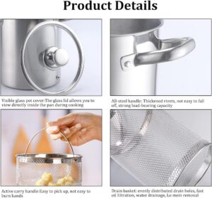 Stainless steel deep fryer with oil strainer, 5L capacity for efficient frying.