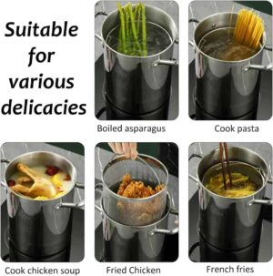 Stainless steel deep fryer with oil strainer, perfect for frying chicken, French fries, and boiling.