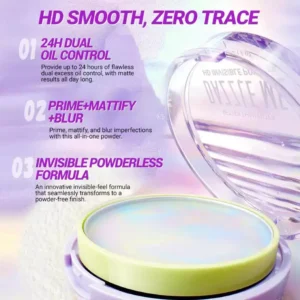 Close-up of Dazzle Me HD Invisible Powder compact with purple and yellow design.