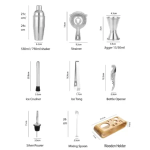 Cocktail Set Stainless Steel Shaker Mixer Jigger Ice Tong Pourer Bar Set 750ml 9 Pieces - Image 4