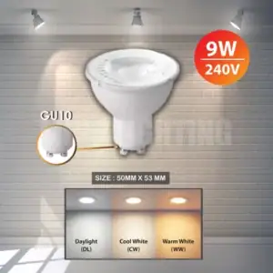 LED Recessed Light Bulb, 9W, 240V, GU10 Base, 50mm x 53mm, with daylight, cool white, and warm white.
