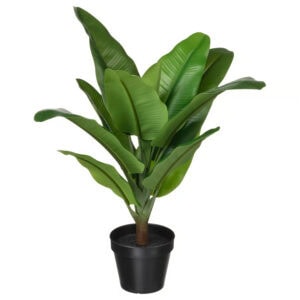 Realistic artificial banana tree in a black pot for indoor and outdoor use.