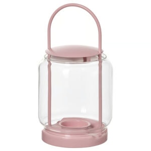 Pink TOFSAND lantern for tealight, indoor and outdoor use, 21 cm tall.