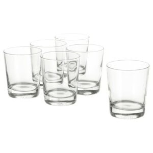 Set of six clear GODIS 23cl glass tumblers for beverages.