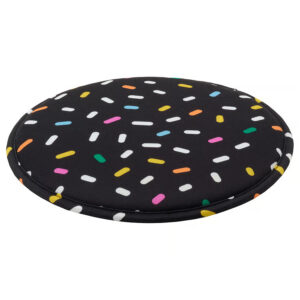 Colorful dot pattern round seat pad for comfortable seating.