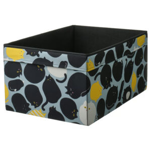 Colorful cat-themed storage box for organizing toys and accessories.