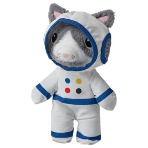 Adorable plush cat toy dressed as an astronaut with a space helmet, perfect for kids and collectors.