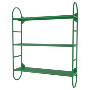 Green metal wall shelf with three tiers for versatile storage solutions.