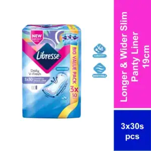 Libresse panty liners for daily freshness, 3 packs of 30, 19cm length.