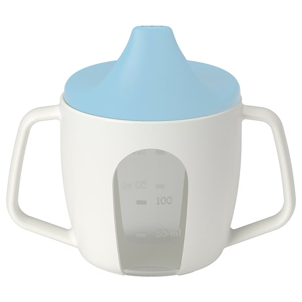 BÖRJA Training Beaker for Kids White and blue BÖRJA training beaker for children with handles and measurement markings.