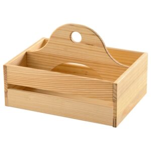Portable wooden organizer with handle and compartments for storage.