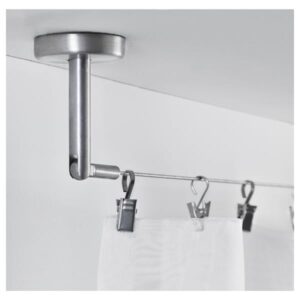 Stainless steel curtain wire with clips for hanging curtains or laundry.