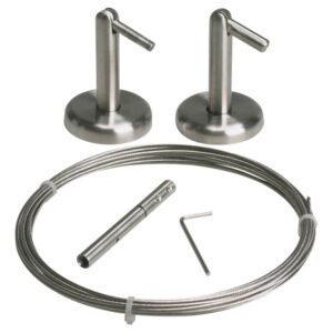 Stainless steel curtain wire with mounting accessories for DIGNITET curtains.