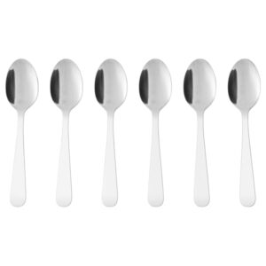 Set of six stainless steel dessert spoons for elegant dining.