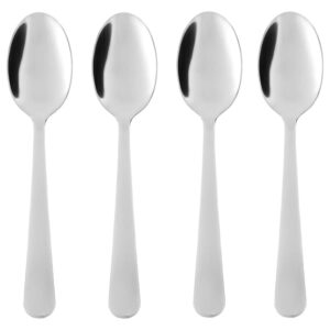 Set of four stainless steel spoons for kitchen use.