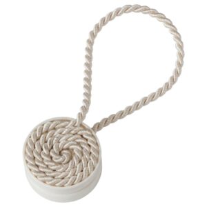 Beige and white magnetic curtain tie-back with rope design for window decor.