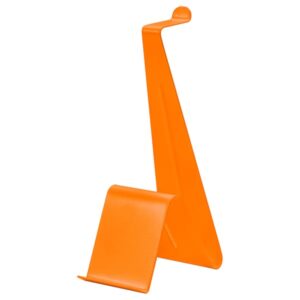 Orange headset and tablet stand for ergonomic workspace setup.