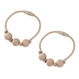 Beige magnetic curtain tie-back with beech wood beads and rope design.